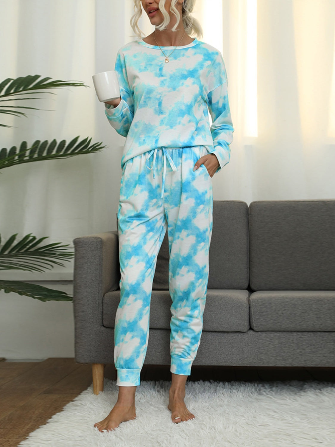 Tie-Dye Round Neck Top and Pants Lounge Set Trendsi