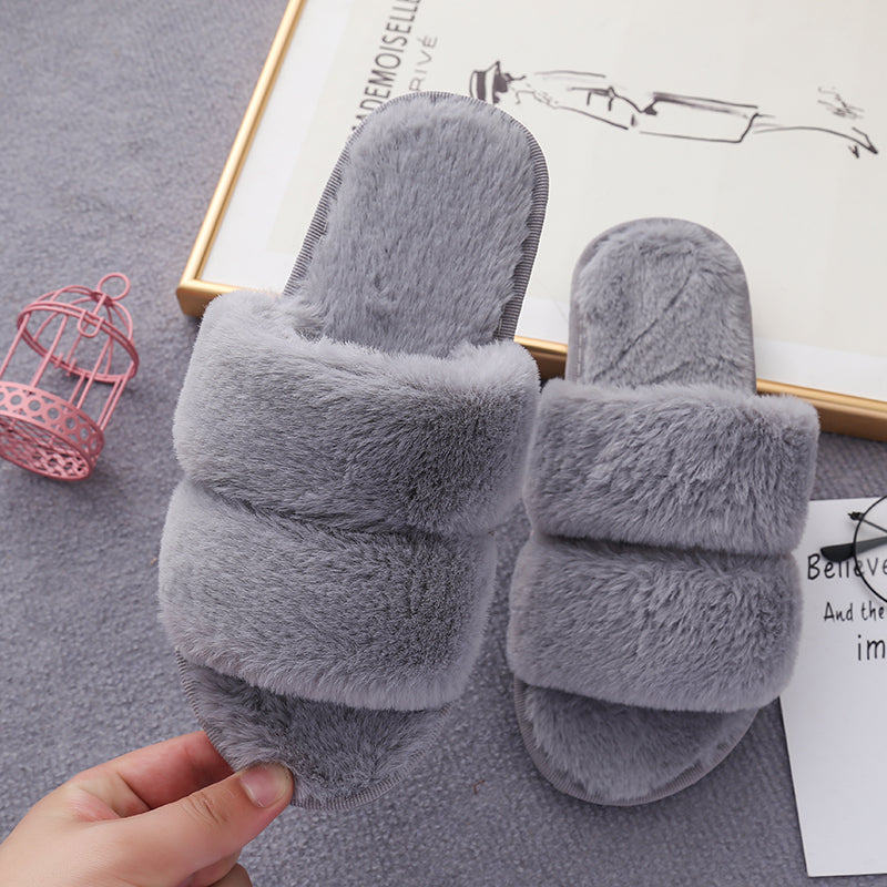 Faux Fur Double Strap Slippers Trendsi