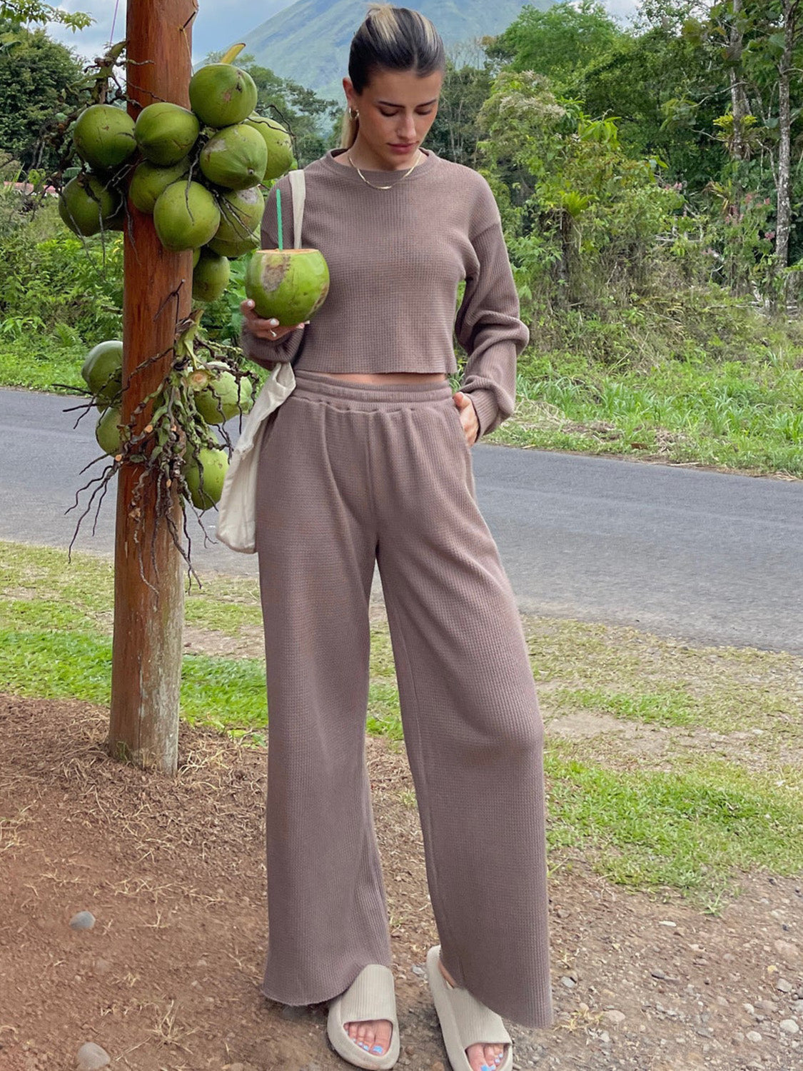 Waffle-Knit Round Neck Top and Pants Set Trendsi