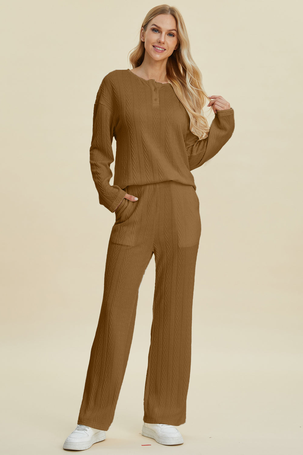 Double Take Full Size Cable-Knit Long Sleeve Top and Pants Set Trendsi