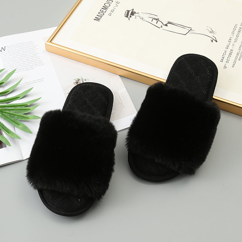 Faux Fur Open Toe Slippers Trendsi