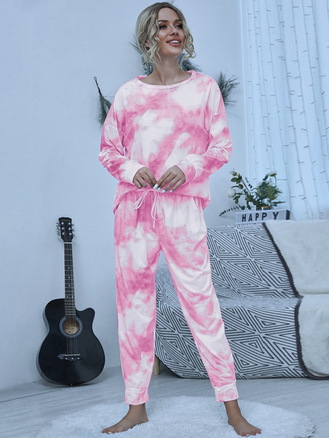 Tie-Dye Round Neck Top and Pants Lounge Set Trendsi