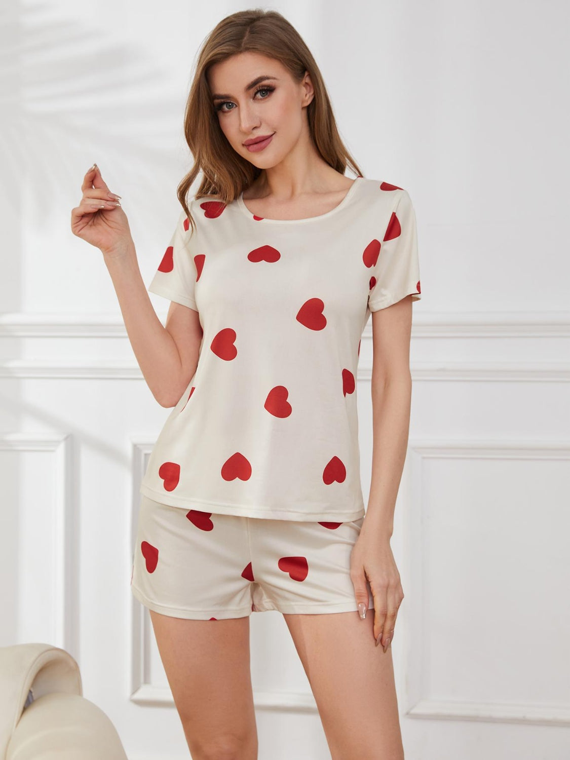 Heart Round Neck Top and Shorts Lounge Set Trendsi