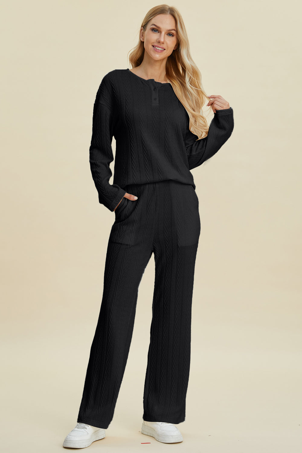 Double Take Full Size Cable-Knit Long Sleeve Top and Pants Set Trendsi