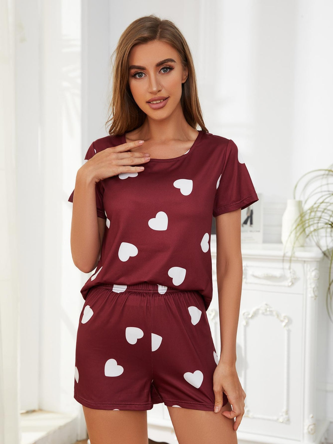 Heart Round Neck Top and Shorts Lounge Set Trendsi