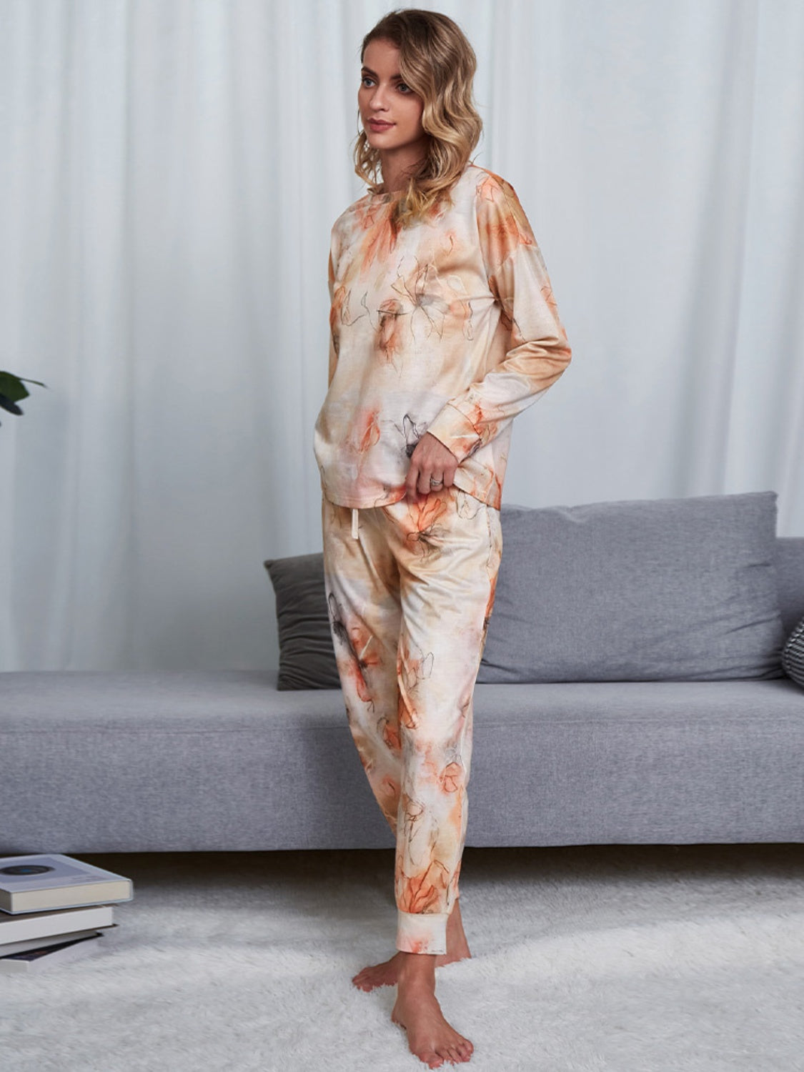 Tie-Dye Round Neck Top and Pants Lounge Set Trendsi