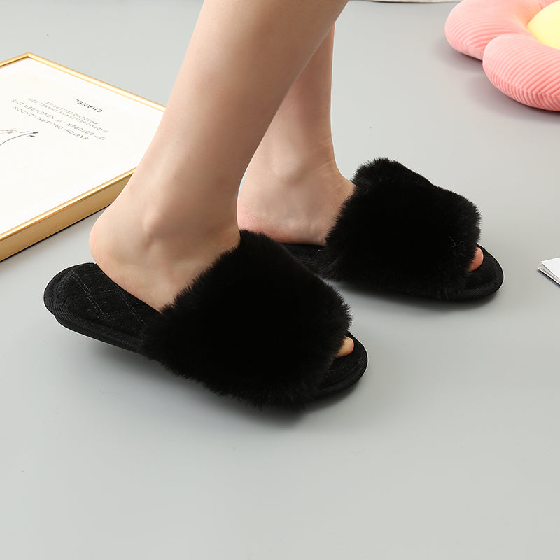 Faux Fur Open Toe Slippers Trendsi