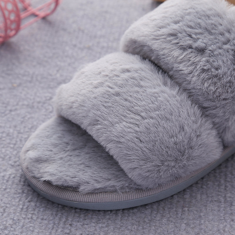 Faux Fur Double Strap Slippers Trendsi