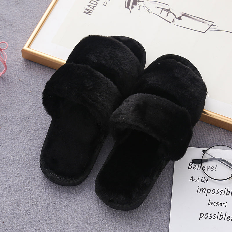 Faux Fur Double Strap Slippers Trendsi