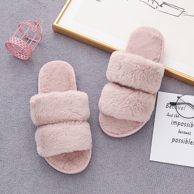 Faux Fur Double Strap Slippers Trendsi