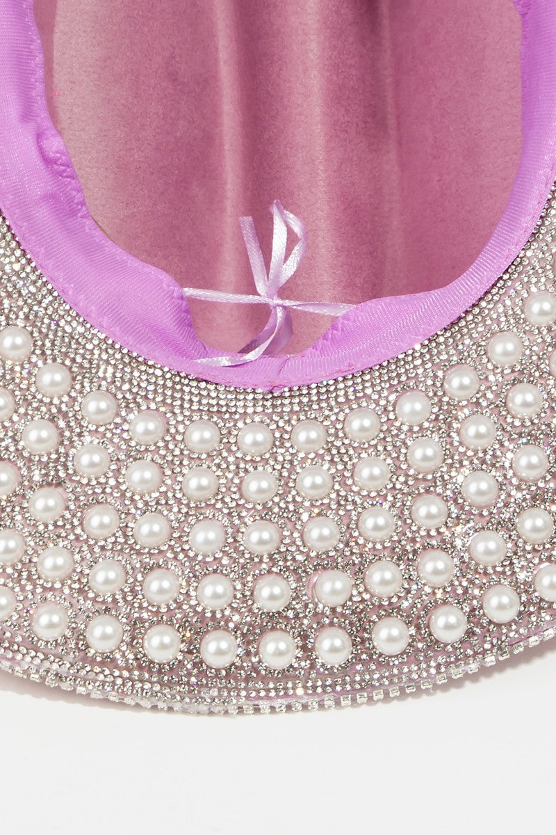 Fame Pave Rhinestone Pearl Trim Cowboy Hat Trendsi