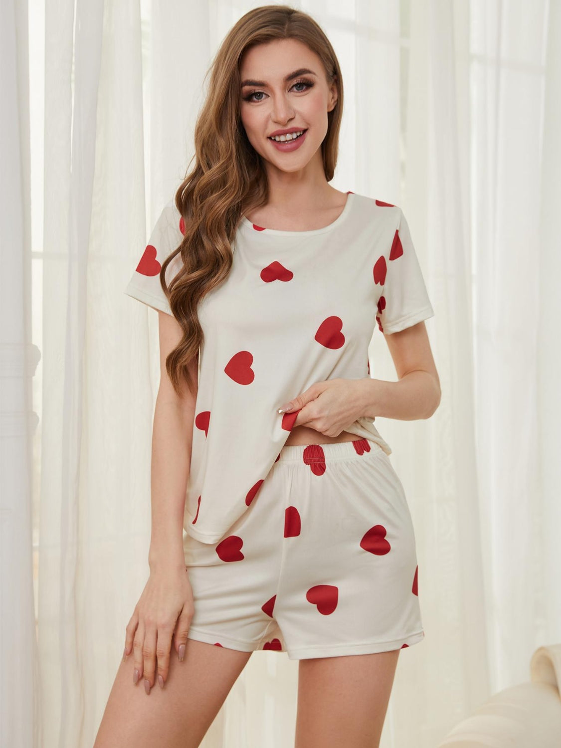 Heart Round Neck Top and Shorts Lounge Set Trendsi