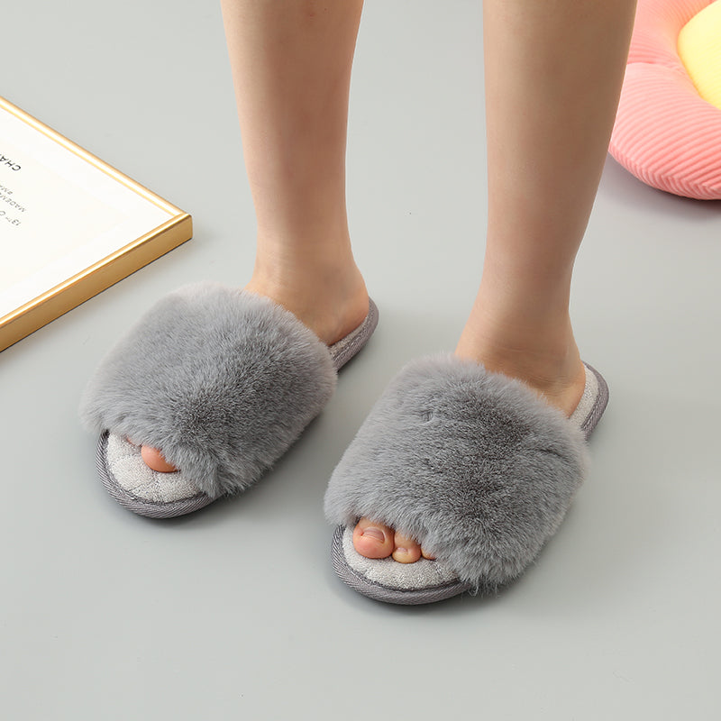 Faux Fur Open Toe Slippers Trendsi