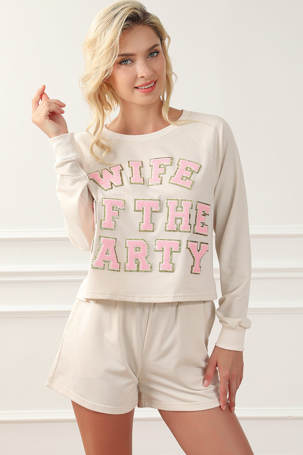 WIFE OF THE PARTY Round Neck Top and Shorts Lounge Set Trendsi