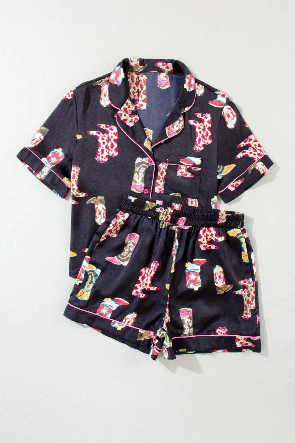 Printed Button Up Short Sleeve Top and Shorts Lounge Set Trendsi