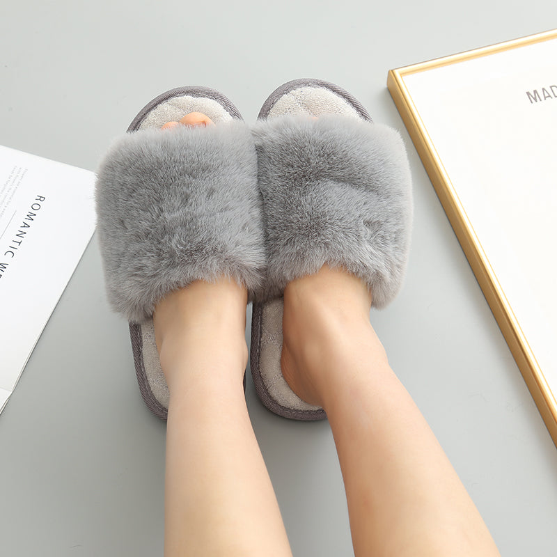 Faux Fur Open Toe Slippers Trendsi