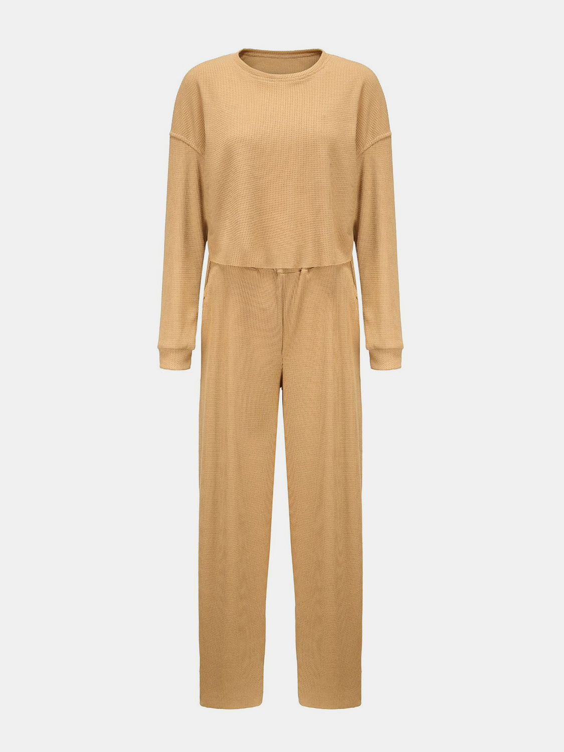 Waffle-Knit Round Neck Top and Pants Set Trendsi