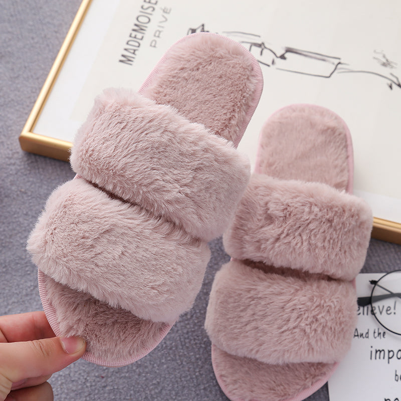 Faux Fur Double Strap Slippers Trendsi