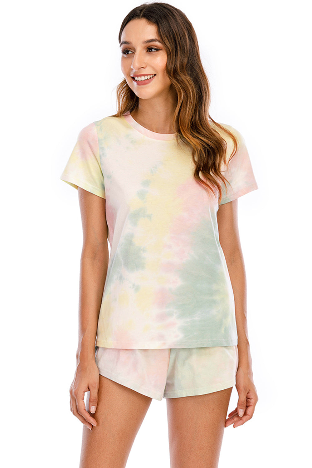 Tie-Dye Round Neck Short Sleeve Top and Shorts Lounge Set Trendsi