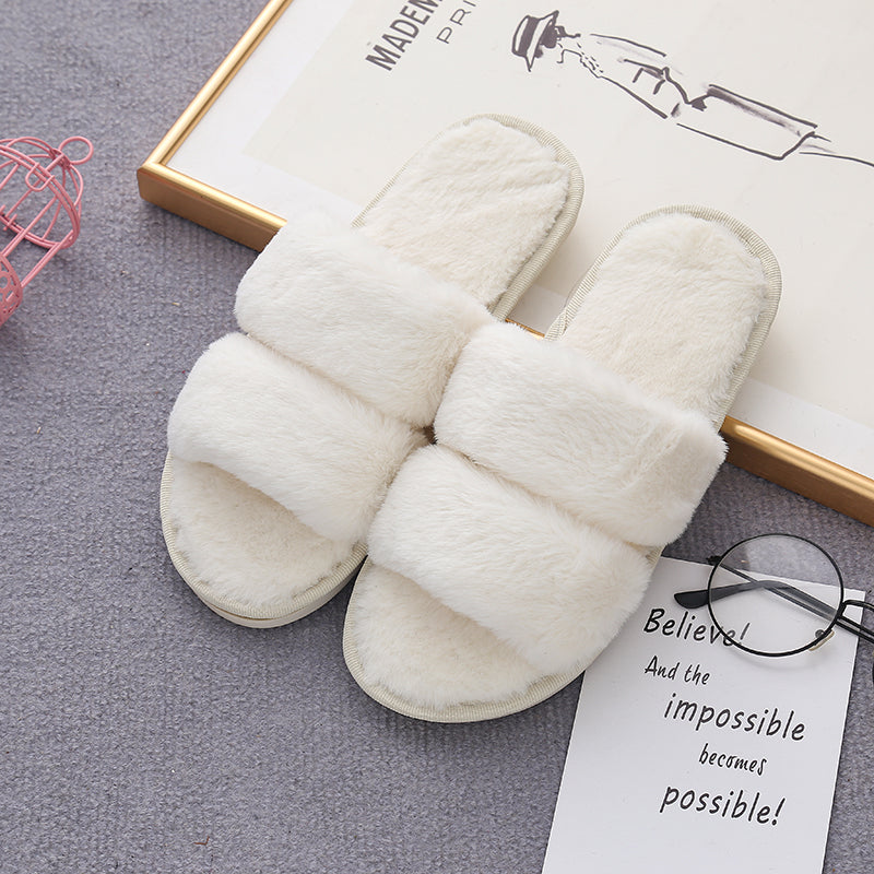 Faux Fur Double Strap Slippers Trendsi