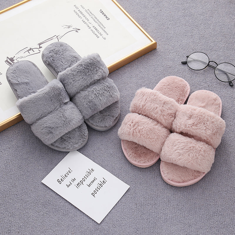 Faux Fur Double Strap Slippers Trendsi