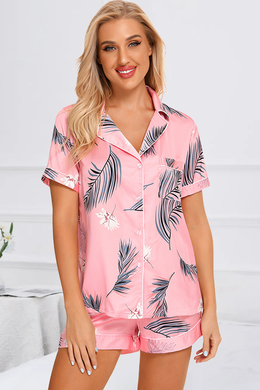 Printed Button Up Short Sleeve Top and Shorts Lounge Set Trendsi