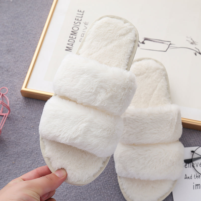 Faux Fur Double Strap Slippers Trendsi