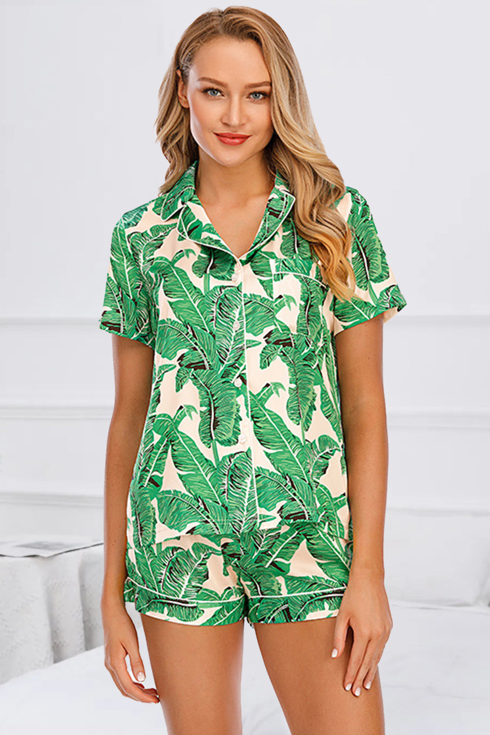 Printed Button Up Short Sleeve Top and Shorts Lounge Set Trendsi