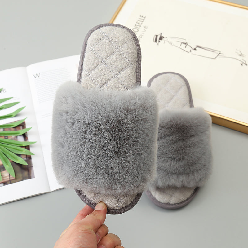 Faux Fur Open Toe Slippers Trendsi