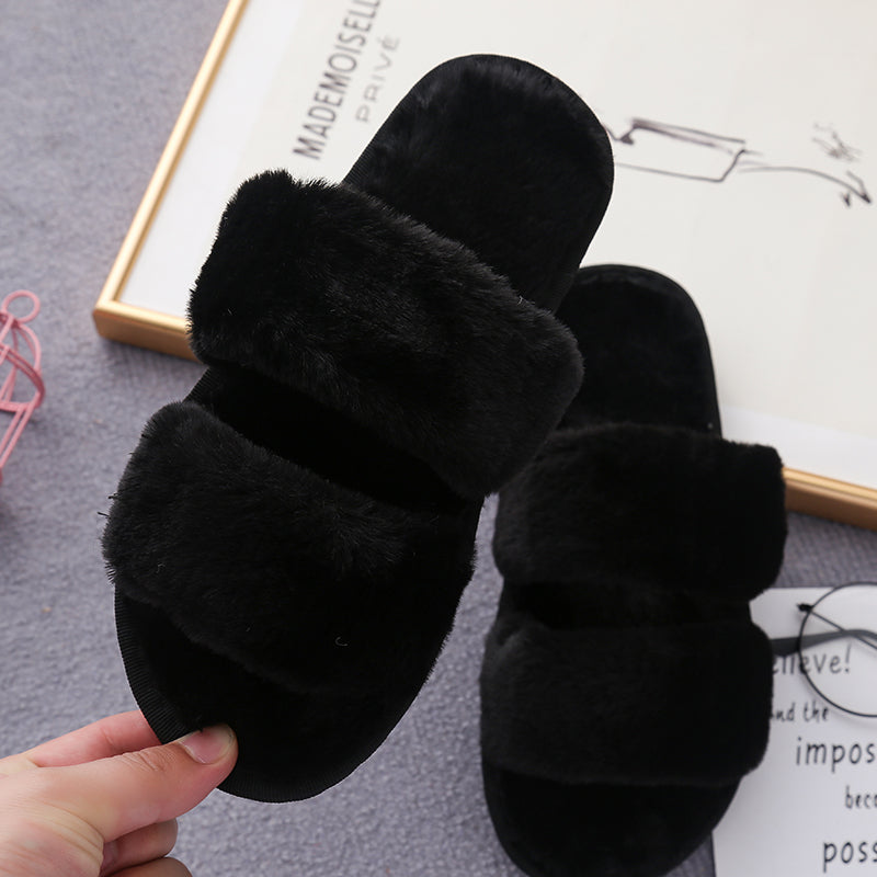 Faux Fur Double Strap Slippers Trendsi