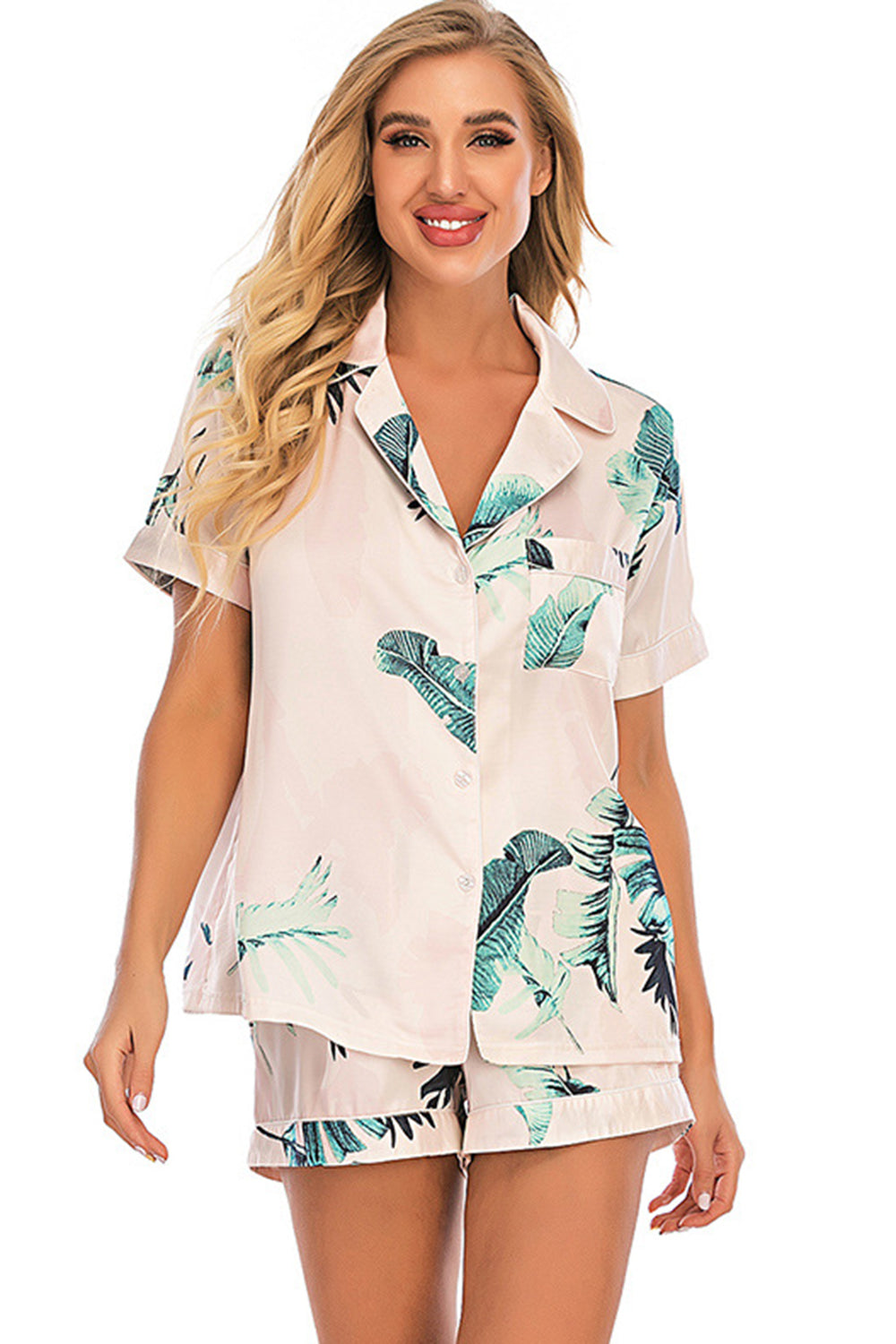 Printed Button Up Short Sleeve Top and Shorts Lounge Set Trendsi