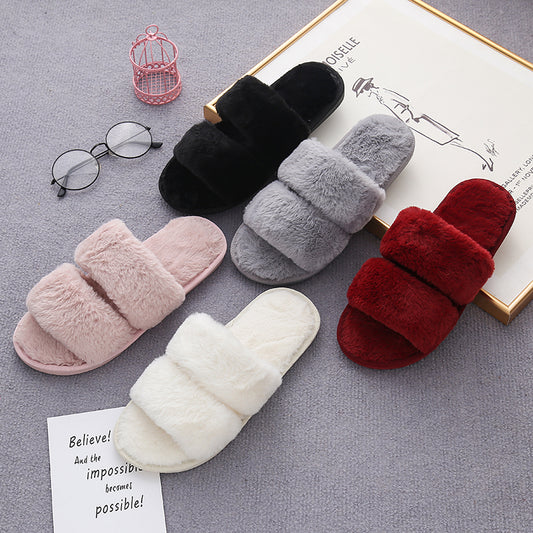 Faux Fur Double Strap Slippers Trendsi