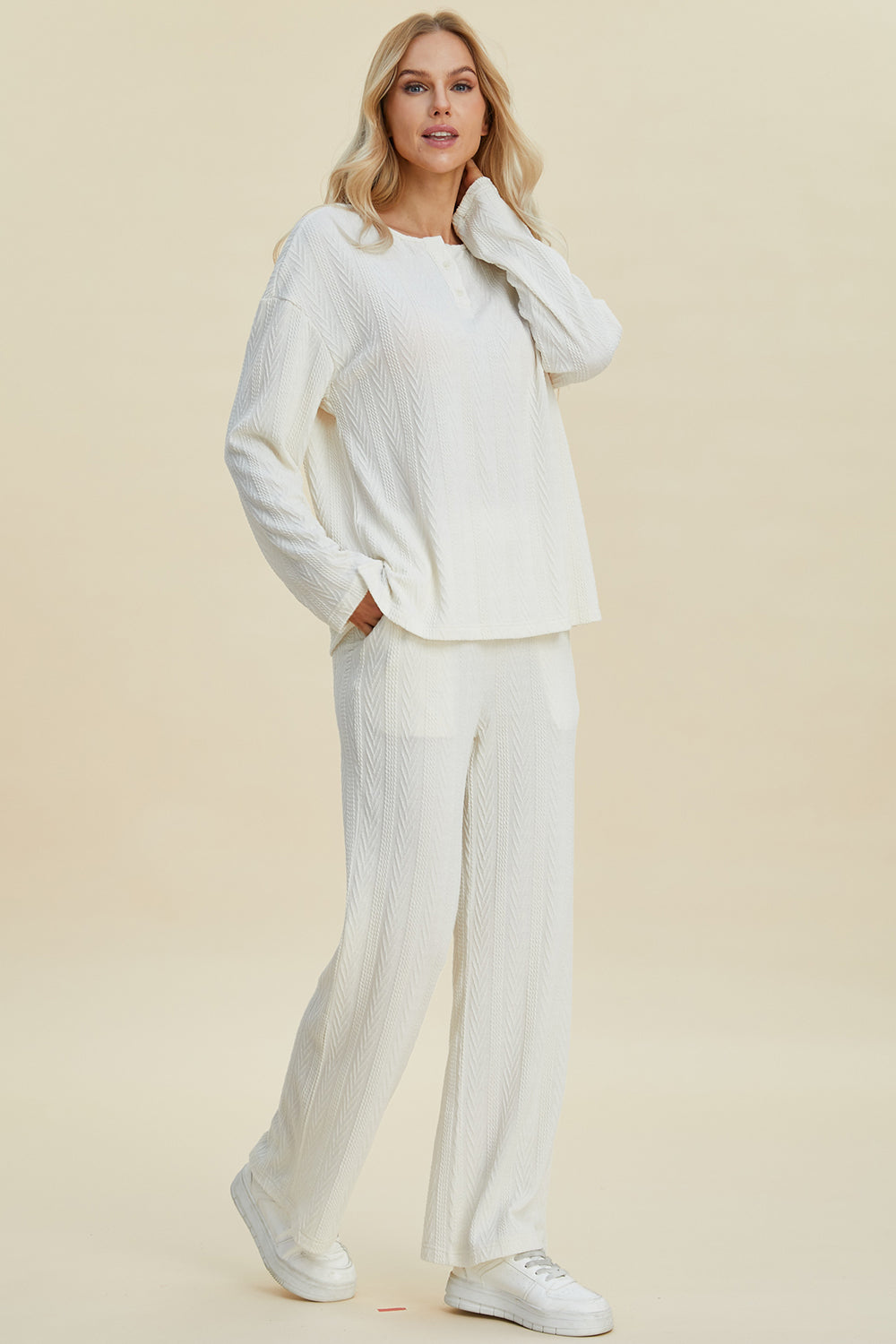 Double Take Full Size Cable-Knit Long Sleeve Top and Pants Set Trendsi