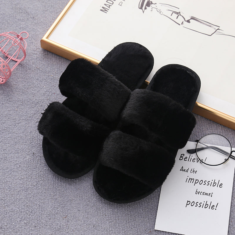 Faux Fur Double Strap Slippers Trendsi