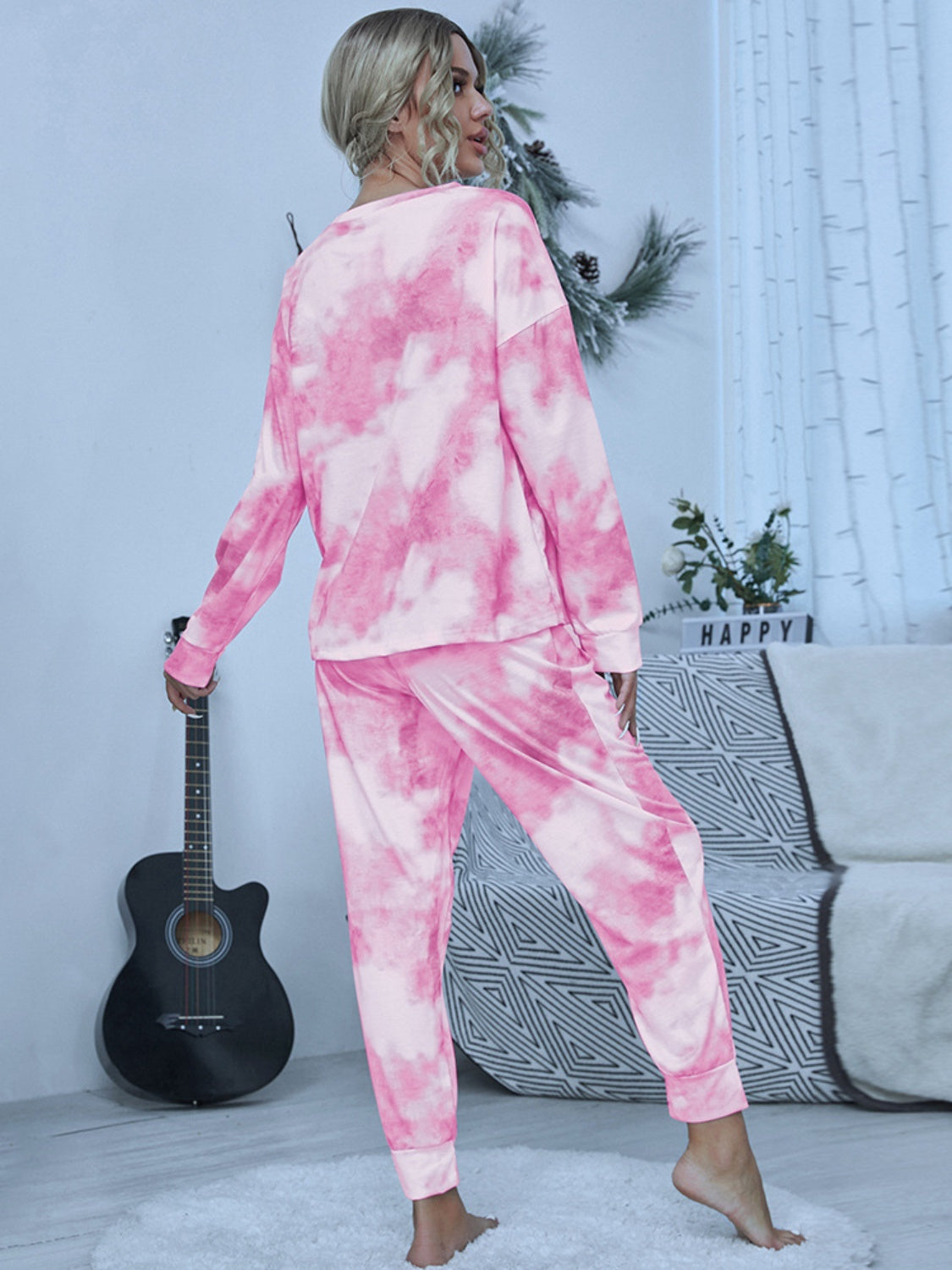 Tie-Dye Round Neck Top and Pants Lounge Set Trendsi