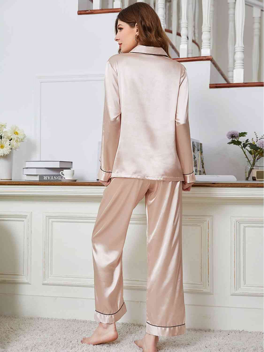 Lapel Collar Long Sleeve Top and Pants Pajama Set Trendsi