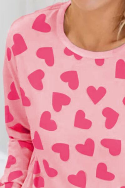 Heart Print Round Neck Top and Shorts Lounge Set Trendsi