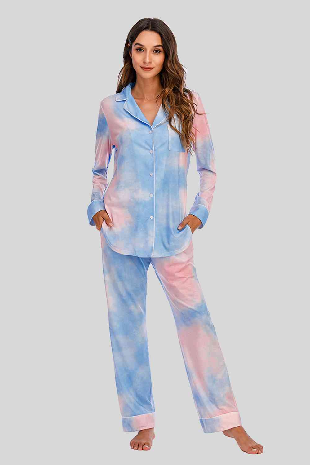 Collared Neck Long Sleeve Loungewear Set with Pockets Trendsi