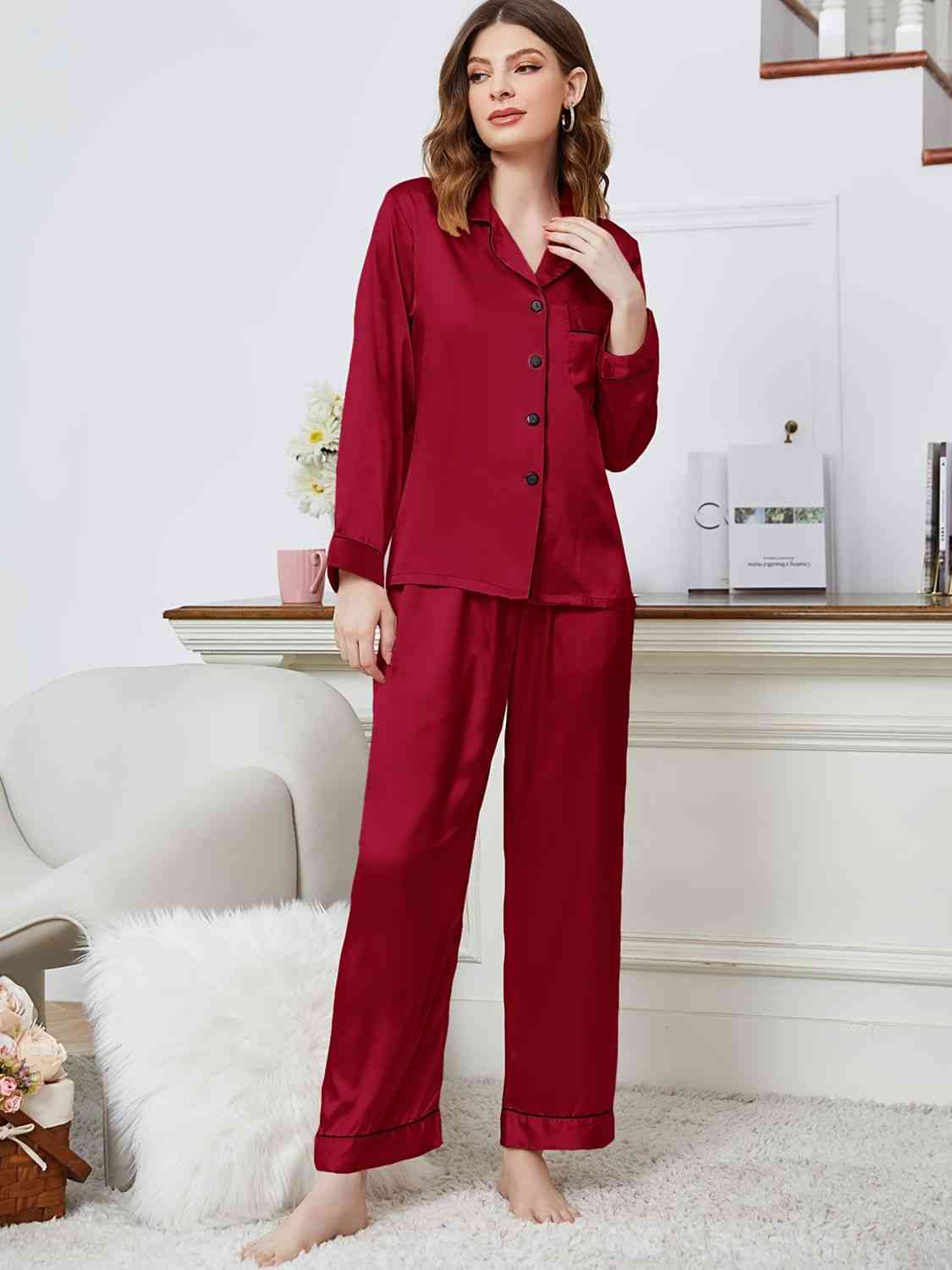 Lapel Collar Long Sleeve Top and Pants Pajama Set Trendsi