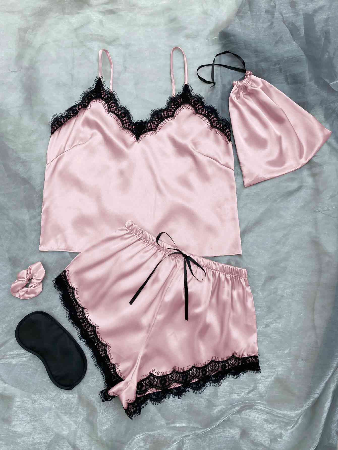 Lace Trim Cami, Shorts, Eye Mask, Scrunchie, and Bag Pajama Set Trendsi