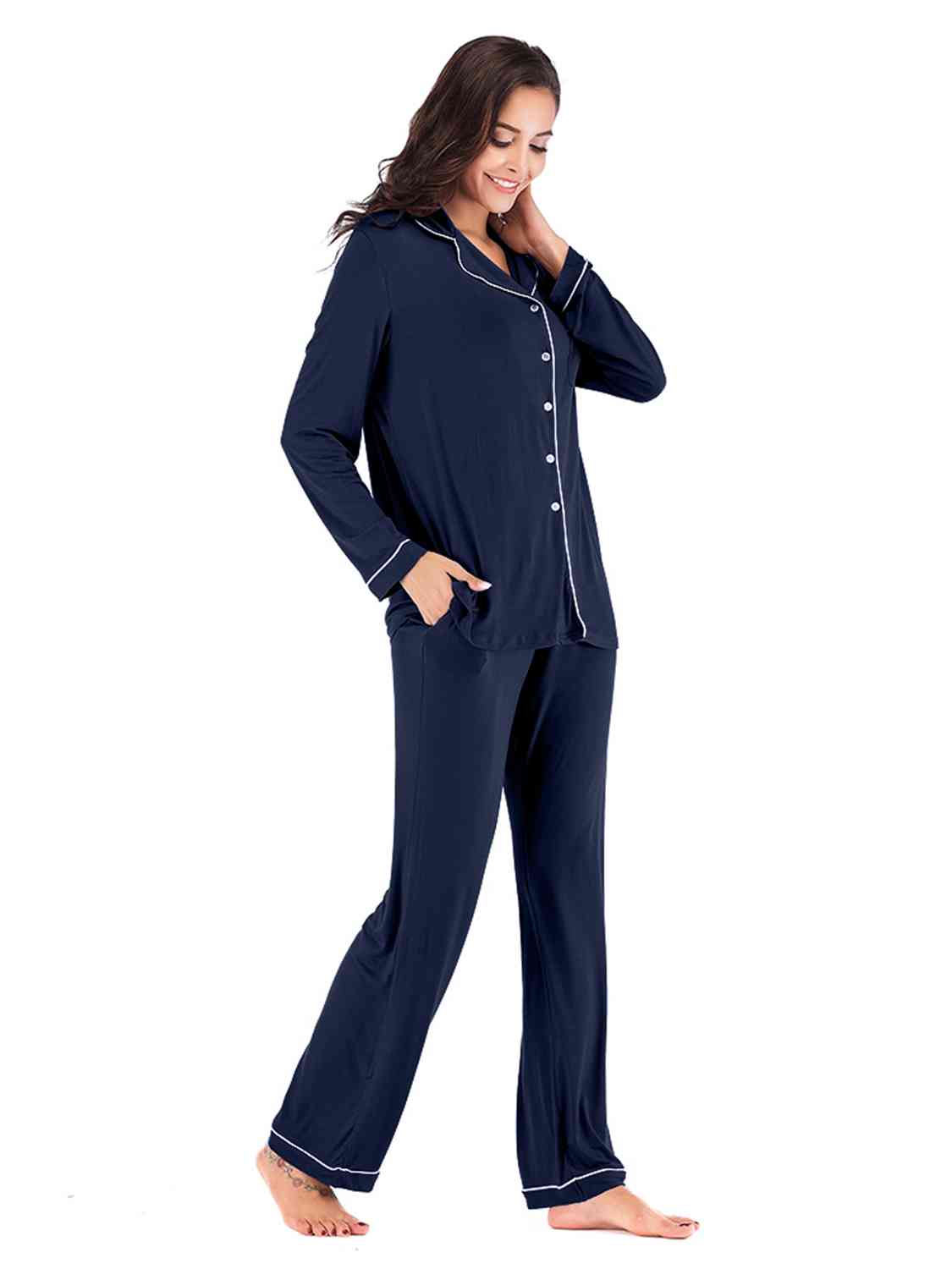 Collared Neck Long Sleeve Loungewear Set with Pockets Trendsi