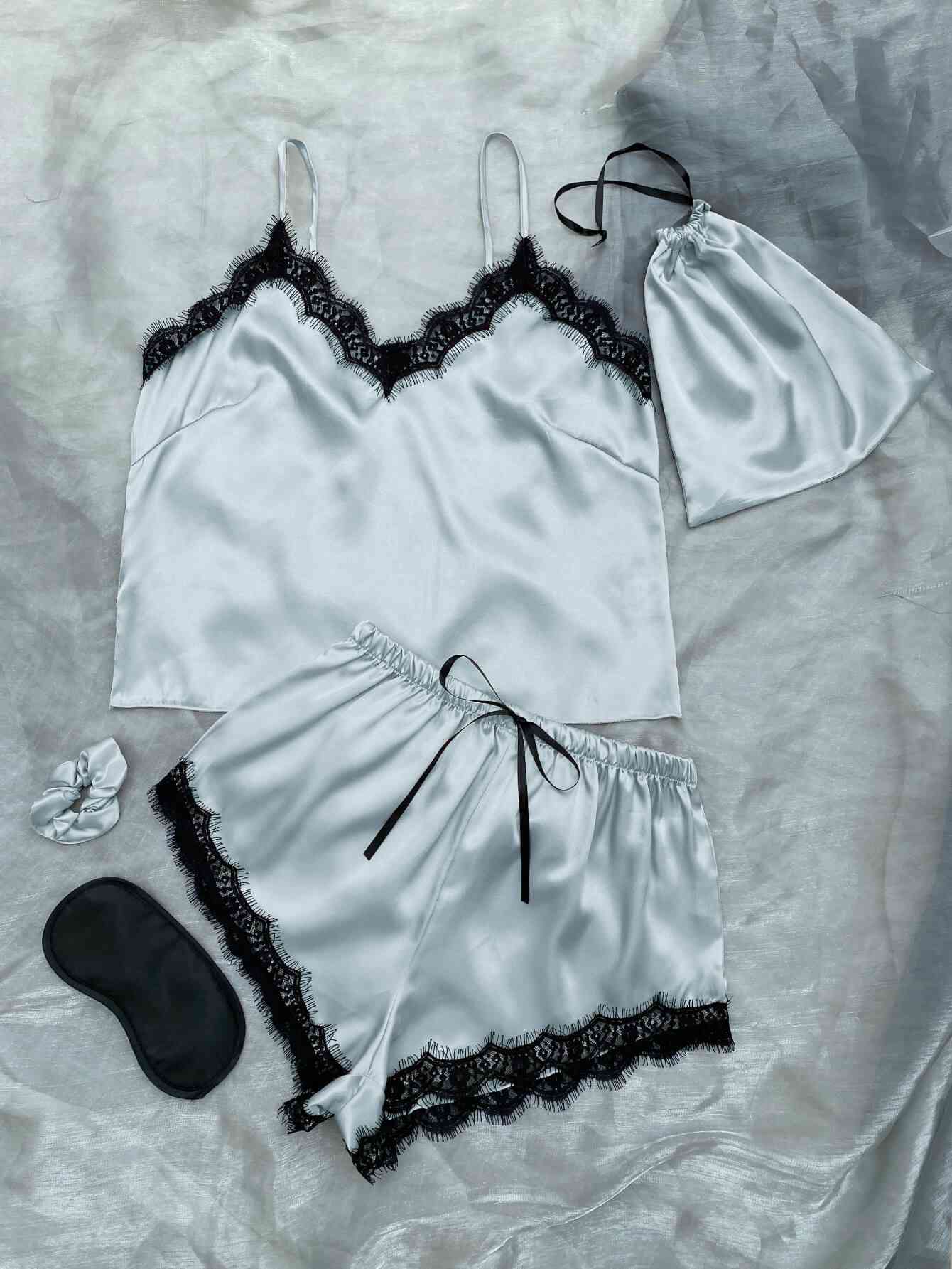 Lace Trim Cami, Shorts, Eye Mask, Scrunchie, and Bag Pajama Set Trendsi