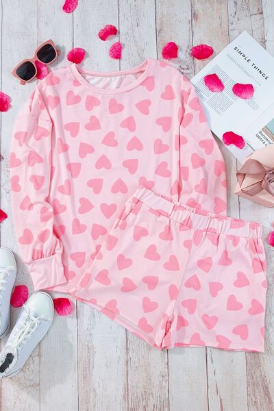 Heart Print Round Neck Top and Shorts Lounge Set Trendsi