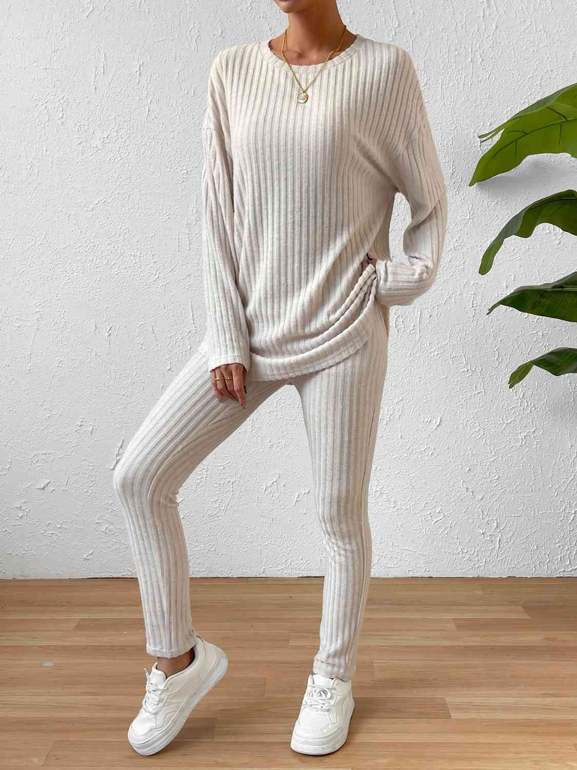 Ribbed Top and Pants Lounge Set Trendsi