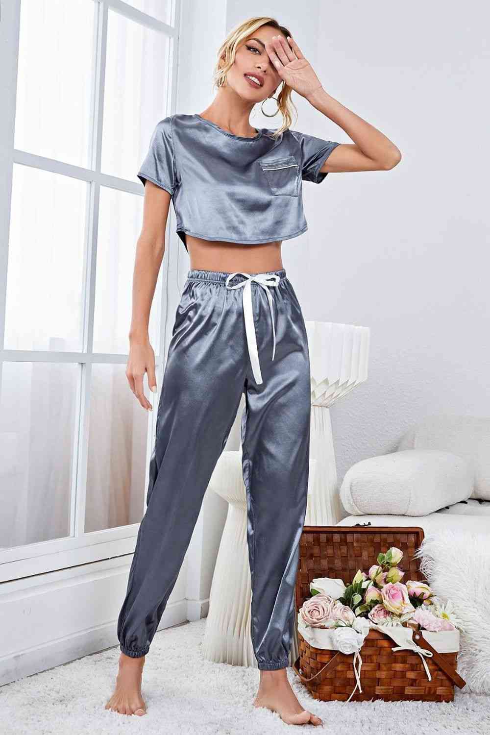 Satin Short Sleeve Crop Top and Joggers Lounge Set Trendsi