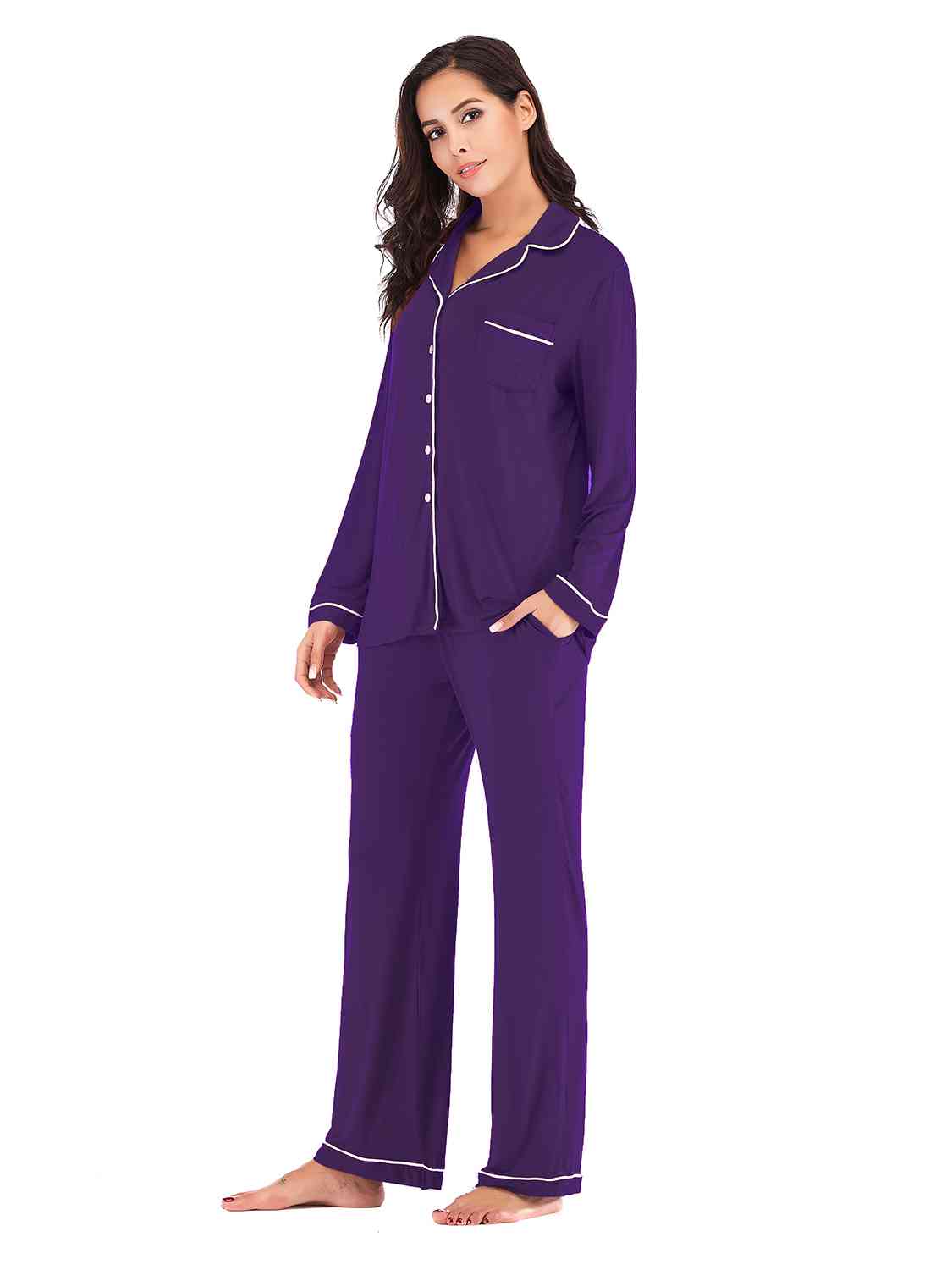 Collared Neck Long Sleeve Loungewear Set with Pockets Trendsi