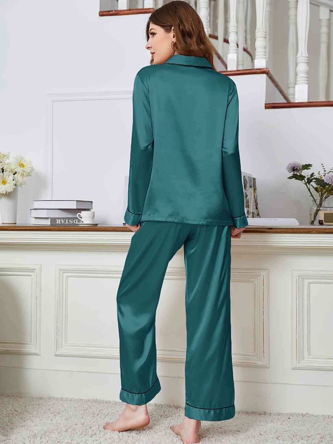 Lapel Collar Long Sleeve Top and Pants Pajama Set Trendsi