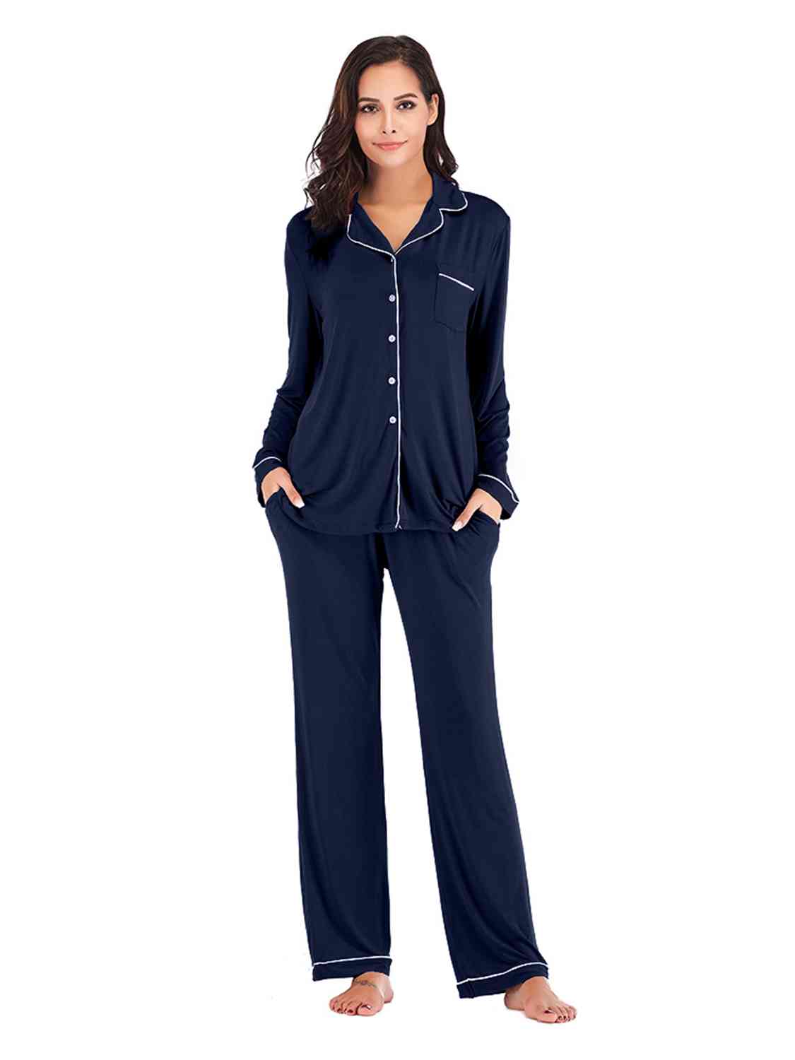 Collared Neck Long Sleeve Loungewear Set with Pockets Trendsi