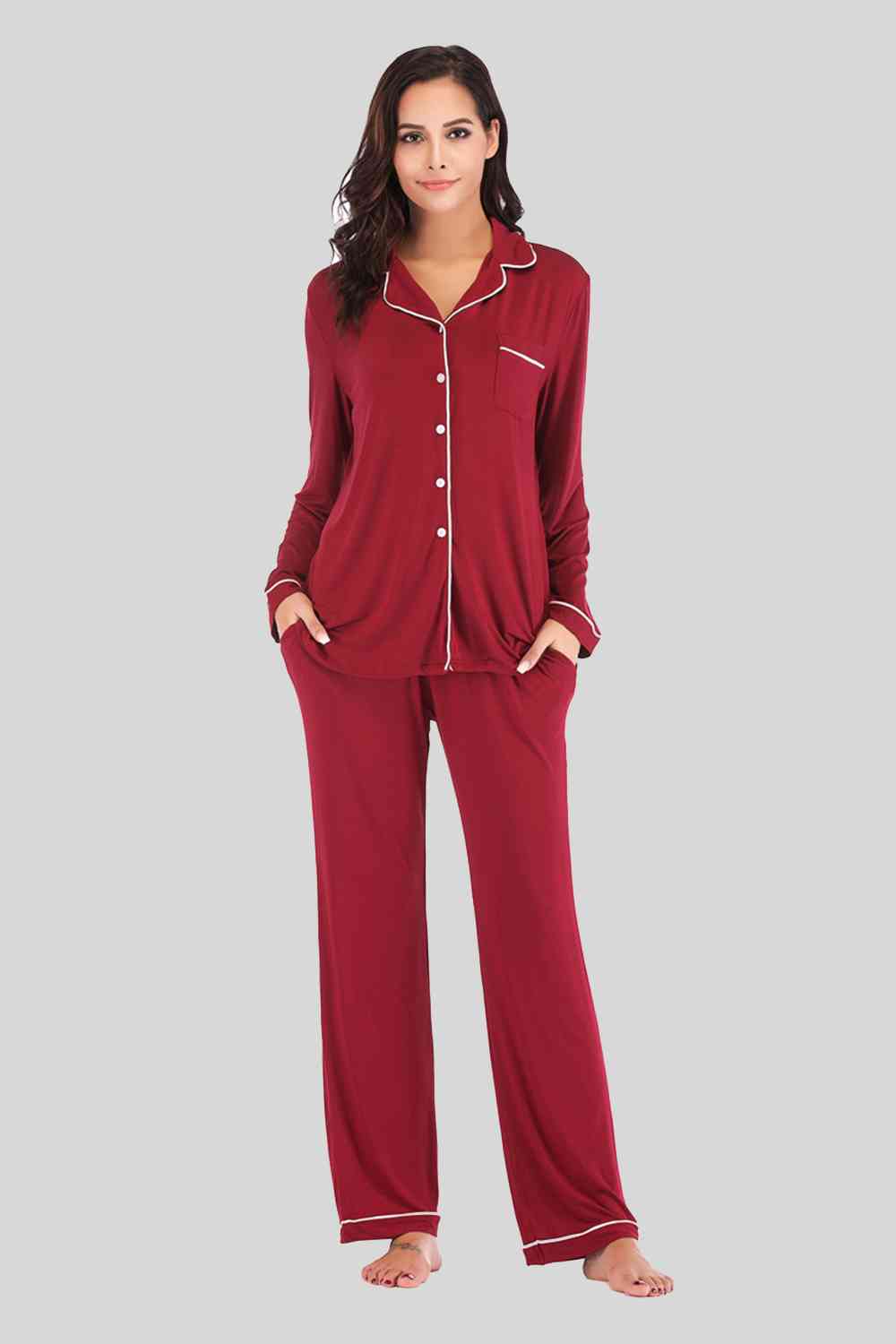 Collared Neck Long Sleeve Loungewear Set with Pockets Trendsi