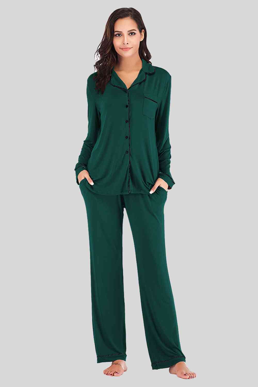 Collared Neck Long Sleeve Loungewear Set with Pockets Trendsi